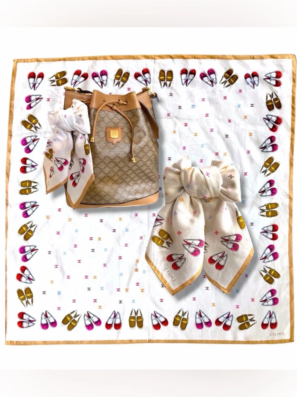 Céline Macadam Blazon White Cotton Square Scarf Whimsical Shoes Print